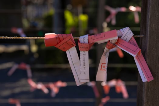 Fortune slips at Kameido Tenjin shrine in Tokyo close up photo