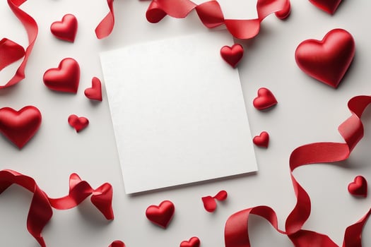 Red hearts and ribbons framing blank card on white background. photo