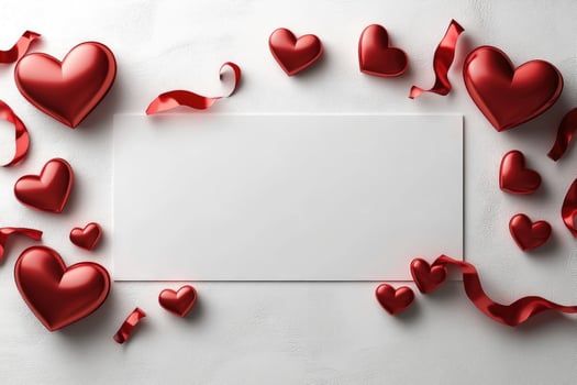 Red hearts and ribbons framing blank card on marble photo