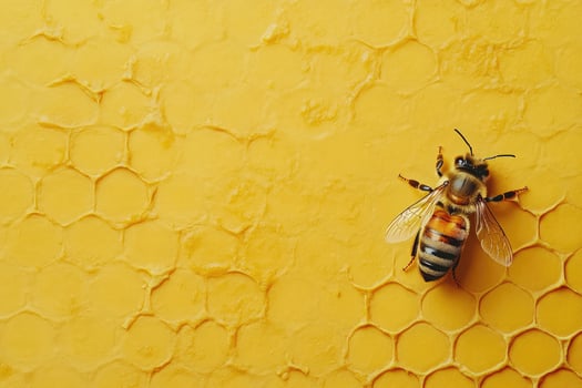 Honey bee standing on honeycomb with copy space photo