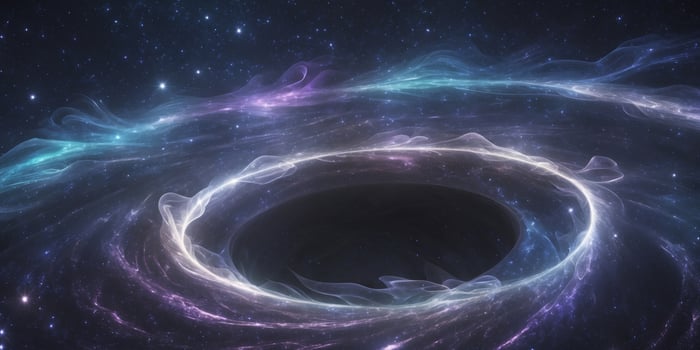 Glowing Black Hole in Cosmic Landscape with Swirling Gases and Distant Stars photo