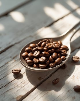 A spoonful of coffee beans on a wooden table photo