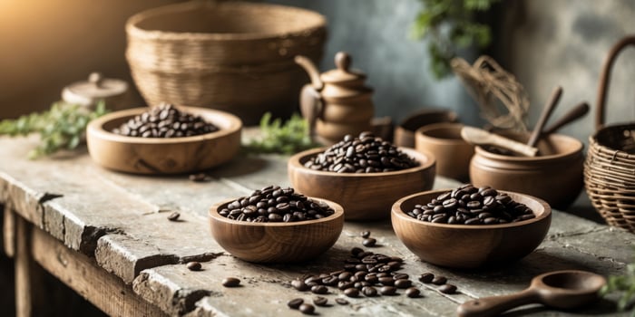 Rustic Display of Coffee Beans in Wooden Bowls Surrounded by Soft Warm Lights and Natural Textures photo