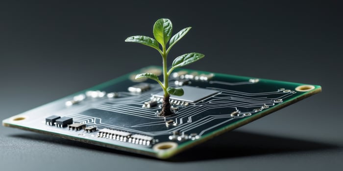 Digital Transformation and Technological Growth Represented by a Seedling Sprouting from a Circuit Board photo