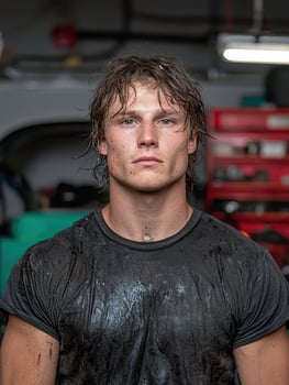 Portrait of a sweaty man in a dark shirt photo
