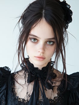 Portrait of a young woman with freckles and green eyes wearing a black lace dress photo