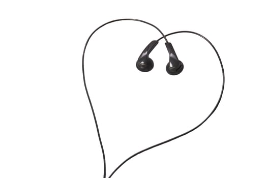 Black earbuds forming heart shape on white background, symbolizing love for music and connectivity. photo