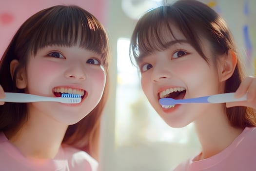 Two young women brushing teeth together in bathroom photo