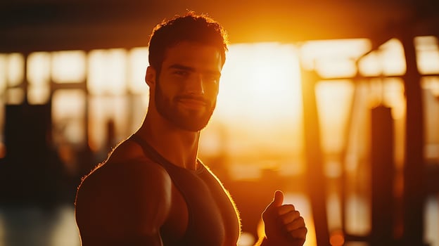 Man is giving a gym up in a thumbs photo
