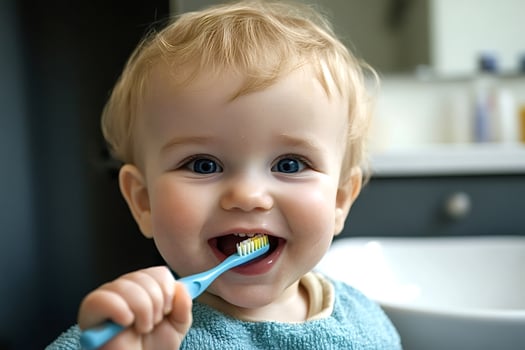 Adorable baby smiling and brushing teeth in bathroom photo