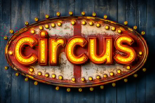 Illuminated circus sign hanging on weathered wooden wall photo