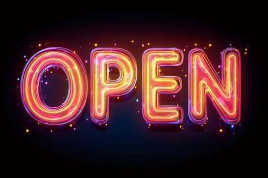 Vibrant neon open sign glowing on dark background photo