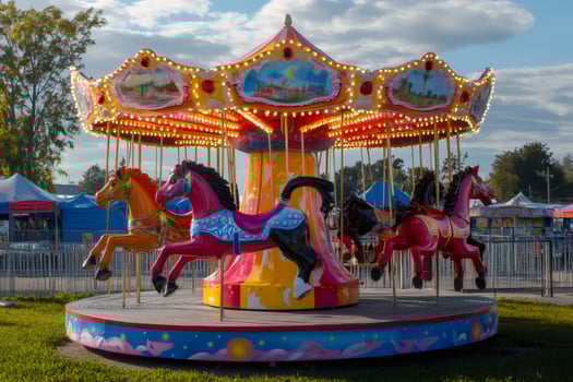 Colorful carousel spinning with horses at amusement park photo