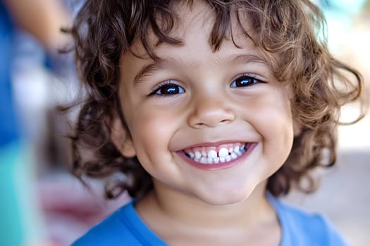 Portrait of happy smiling child showing milk teeth photo