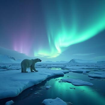 Solitary Polar Bear Stands Against the Shimmering Icebergs and Dancing Northern Lights photo