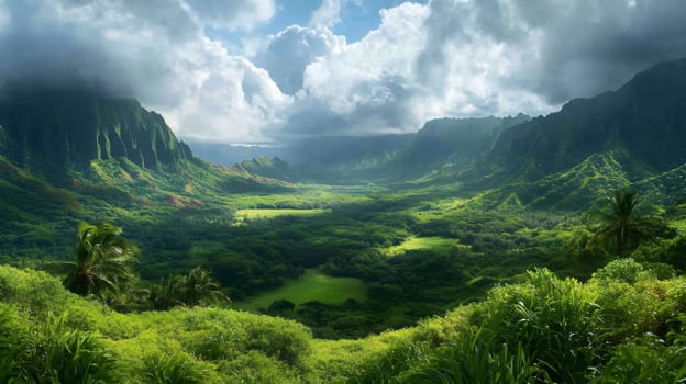 Lush green valley surrounded by majestic mountains in kauai, hawaii photo
