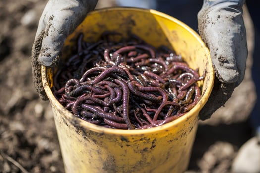 Farmer holding bucket full of earthworms for sustainable agriculture photo