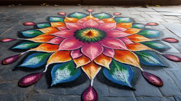 A colorful flower is painted on the ground photo