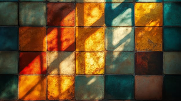 Colorful tiles on a wall with sunlight shining through photo