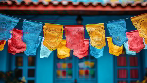 Colorful paper flags hanging from a blue building photo