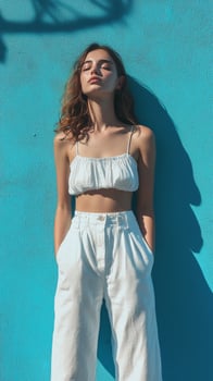A woman in white pants and a crop top leaning against a blue wall photo