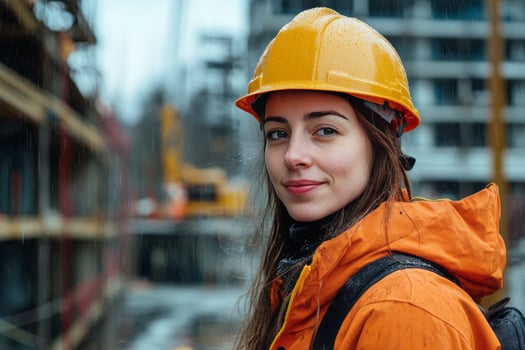 A woman in an orange hard hat and jacket standing in front of a construction site photo
