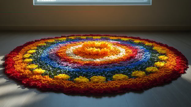 A colorful rug on the floor in front of a window photo