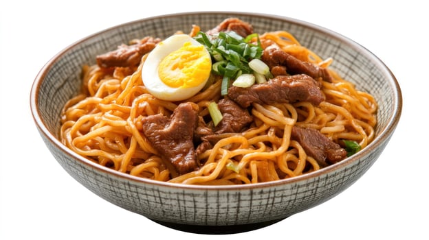 A bowl of noodles with meat and an egg photo