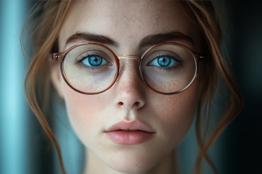 A woman with glasses and blue eyes photo