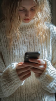 Young woman using smartphone while wearing cozy sweater in an urban setting during winter season photo