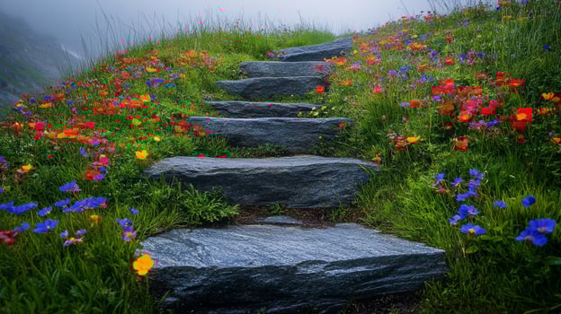 Stone steps leading up to a mountain covered in wildflowers photo