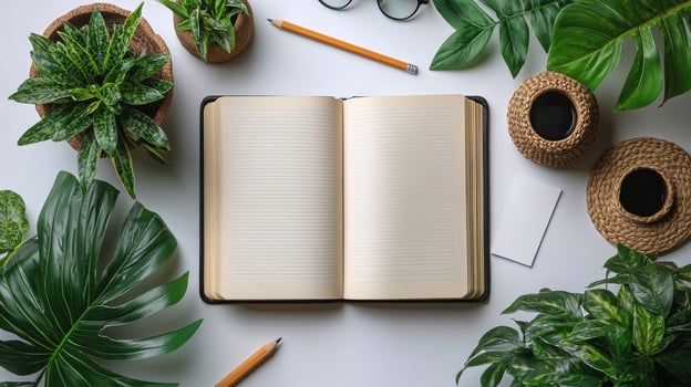 Open book with pencil, notebook, pen, glasses, and green plants on white background photo