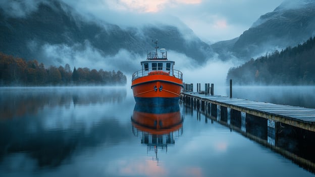 A boat docked at a dock in a lake photo