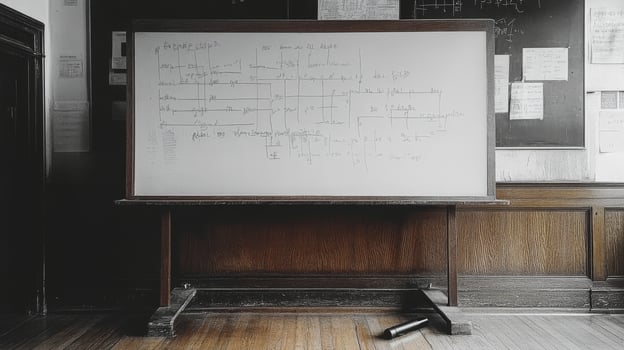 A black and white photo of a whiteboard in a classroom