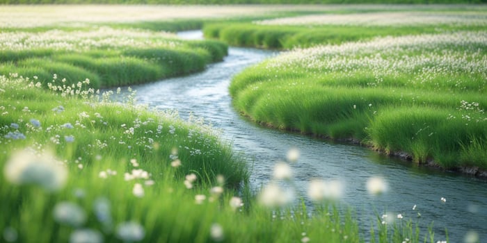 Serene Stream Winding Through Lush Green Meadow White FlowersSerene Stream Winding Through Lush Green Meadow White Flowers. photo