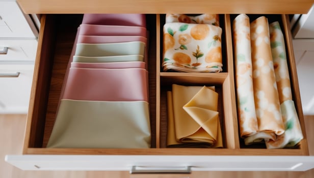 Modern kitchen drawer organized with reusable silicone bags and soft pastel beeswax wraps. photo