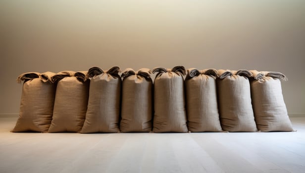 A line of rugged jute sacks filled with grain, showcasing their weathered texture and rustic character in a picturesque harvest landscape. photo