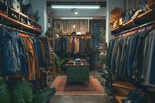 A clothing store with clothes and shoes on racks photo