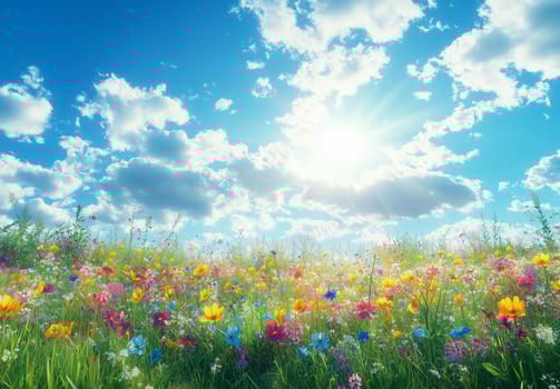 Colorful wildflower meadow under bright blue sky with fluffy clouds photo