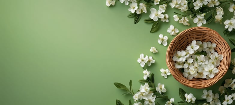 Freshly picked white flowers in a wicker basket on a green surface surrounded by scattered blooms photo