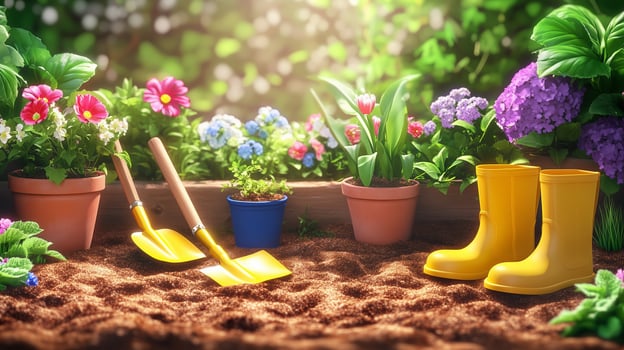 Gardening tools and colorful flowers in a sunny backyard garden photo