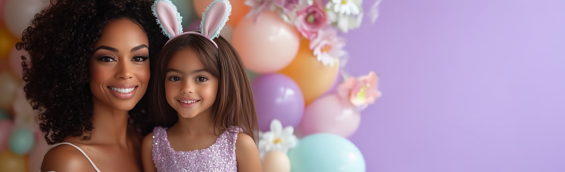 Celebration of joy with a mother and daughter at a colorful party backdrop in springtime photo