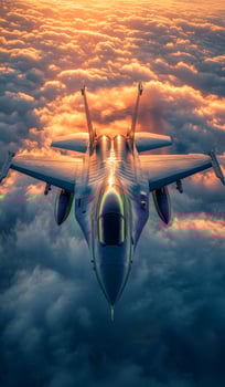 A fighter jet is flying through the sky with a beautiful sunset in the background. Concept of power and freedom, as the jet soars through the clouds with ease photo