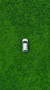 Aerial View of White Car on Lush Green Grass, Symbolizing Nature and Travel, Perfect for Eco-Friendly Themes and Outdoor Concepts in Modern Stock Imagery photo