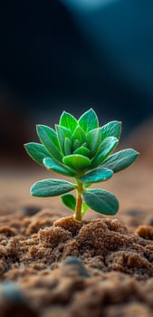 A small green plant is growing in the dirt. The plant is small and has a lot of leaves photo