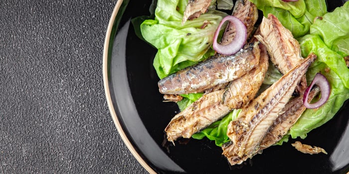 mackerel can seafood salad fresh tasty food dish delicious gourmet food background on the table rustic food top view copy space keto and paleo diet food pescetarian photo