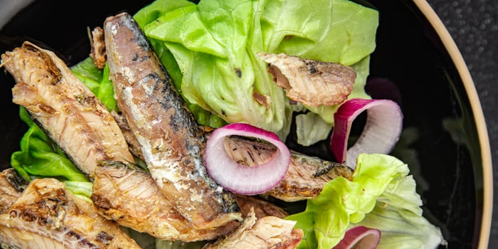 mackerel can seafood salad fresh tasty food dish gourmet food background on the table rustic food top view copy space keto and paleo diet Vegetarian food pescetarian diet photo