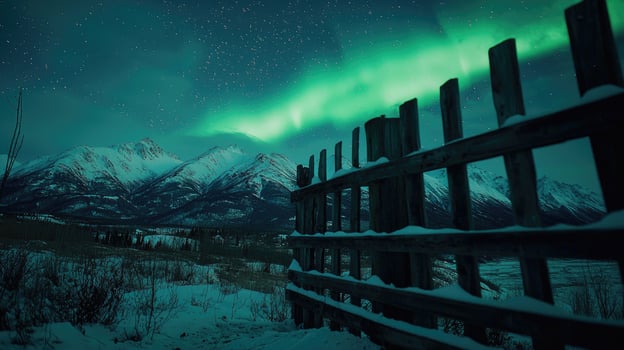 Northern lights and snow covered mountains in Lofoten islands, Norway. Aurora borealis. Starry sky with polar lights and snowy rocks reflected in water. Night winter landscape with aurora, sea. Nature photo