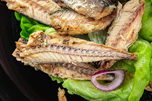 mackerel can seafood salad fresh tasty food dish delicious food background on the table rustic food top view copy space keto and paleo diet Vegetarian food pescetarian diet photo