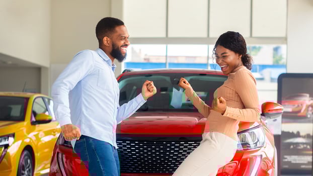 Overjoyed Black Couple Celebrating Buying New Car, Dancing In Dealership Office. Happy African American Spouses Having Fun In Auto Salon, Emotionally Reacting To Automobile Purchase, Free Space photo